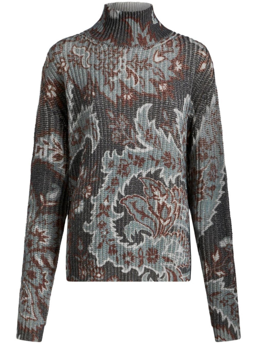 Shop Etro Grey Floral Print Knitted Wool Sweater