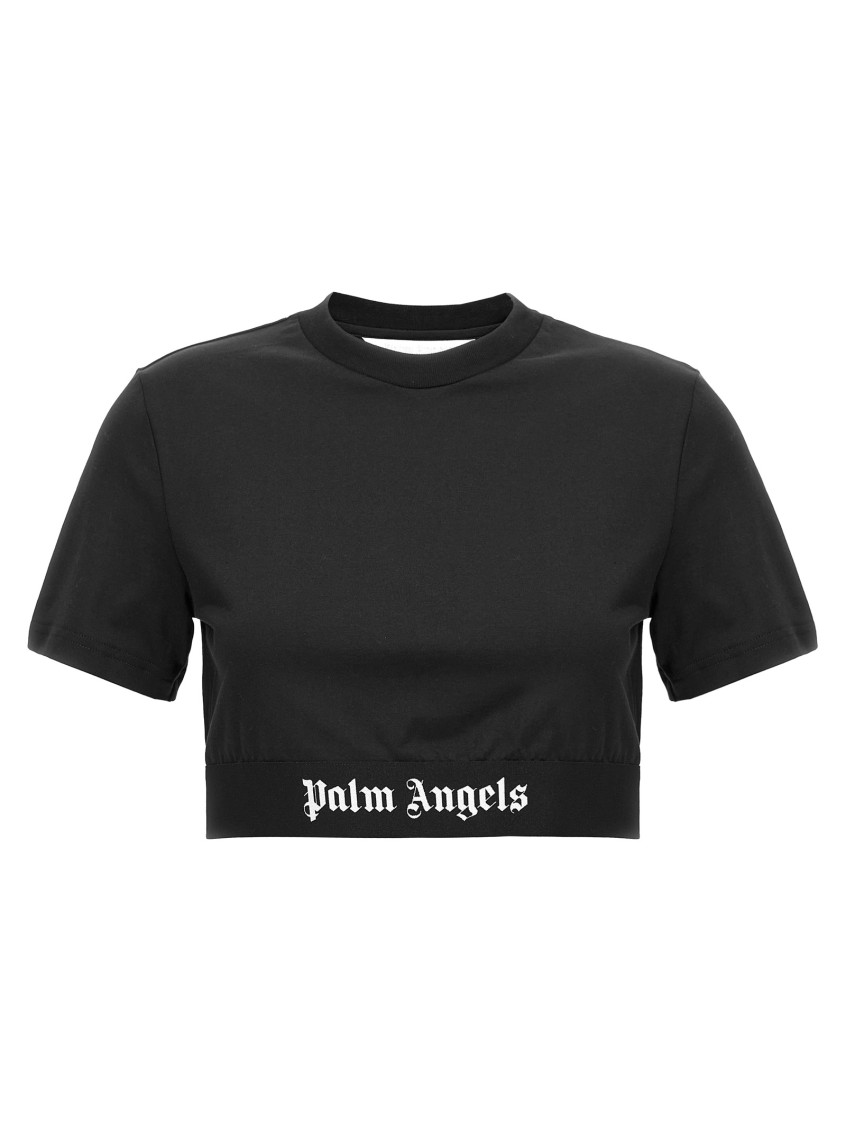 Shop Palm Angels Black Logo Tape Cropped T-shirt