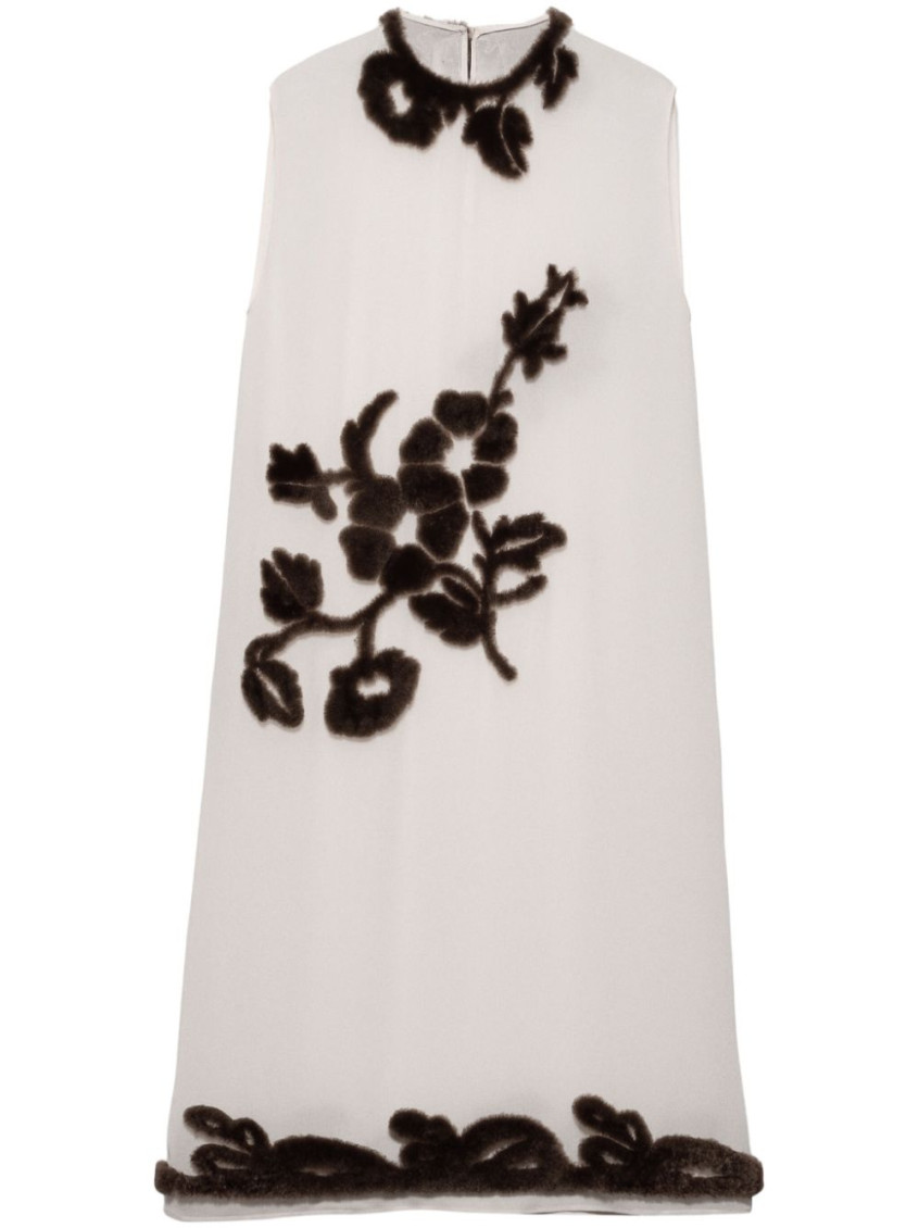 Prada Georgette Dress With Floral Appliqué And Tie Waist In White