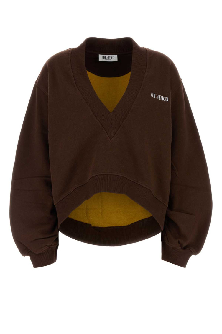 Attico Brown Cropped Sweatshirt With V Neck And Logo Lettering On The Front In Cotton Woman In Brown