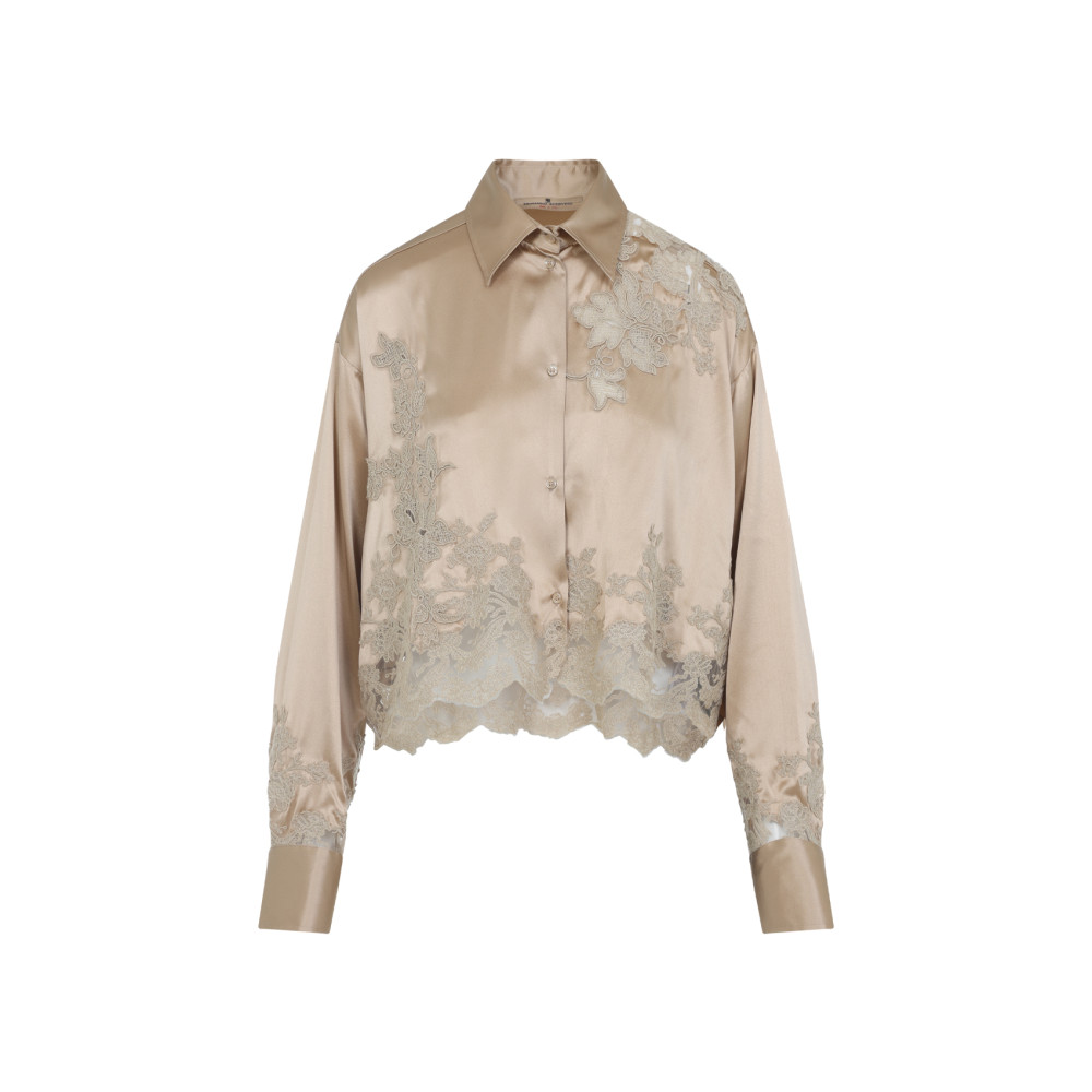 Ermanno Scervino Silk Shirt Embroidered Scalloped Hem In Brown