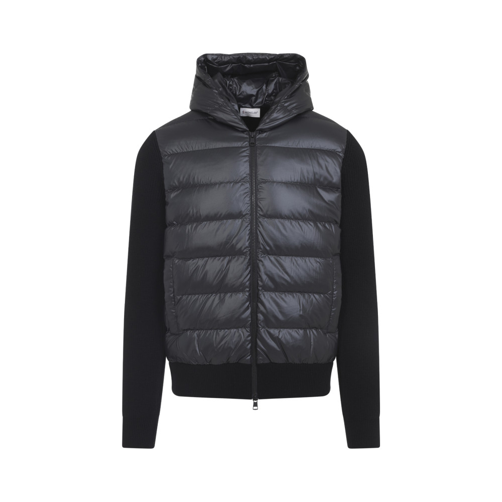 Moncler Hooded Quilted Sweater Ribbed Sleeves In Black