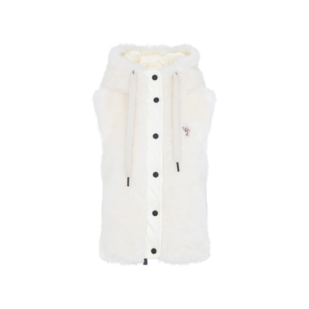Moncler Hooded Sleeveless Faux Fur Jacket With Drawstring In White
