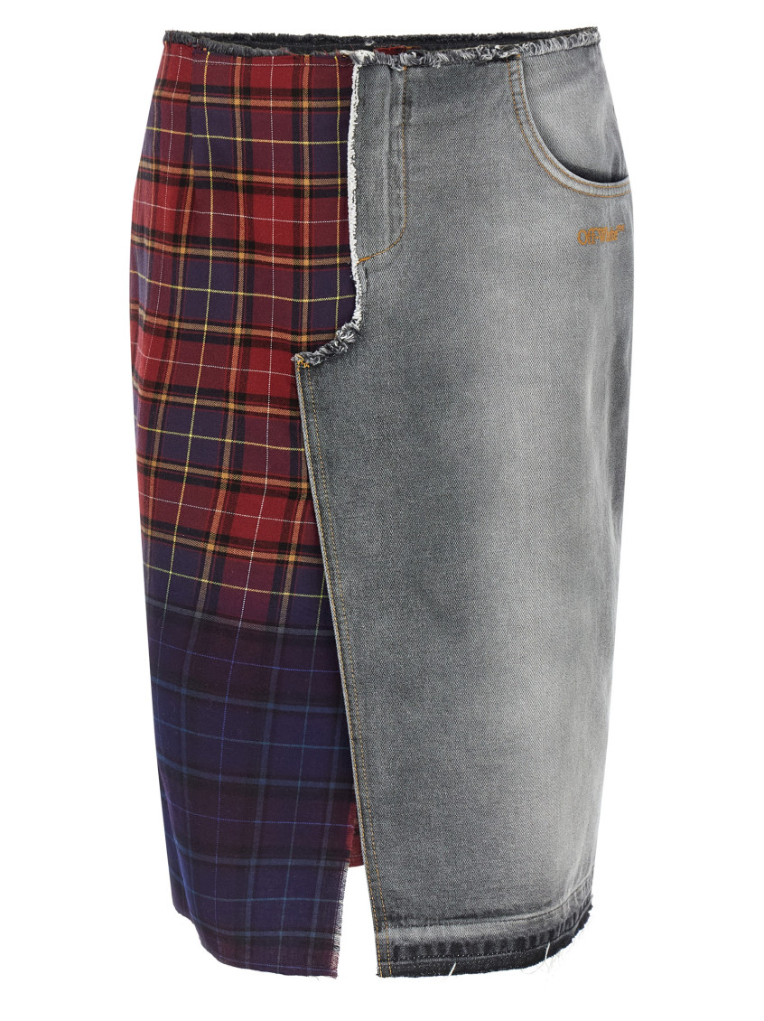 Off-white Patchwork Midi Skirt With Stonewashed Cotton Front In Gray