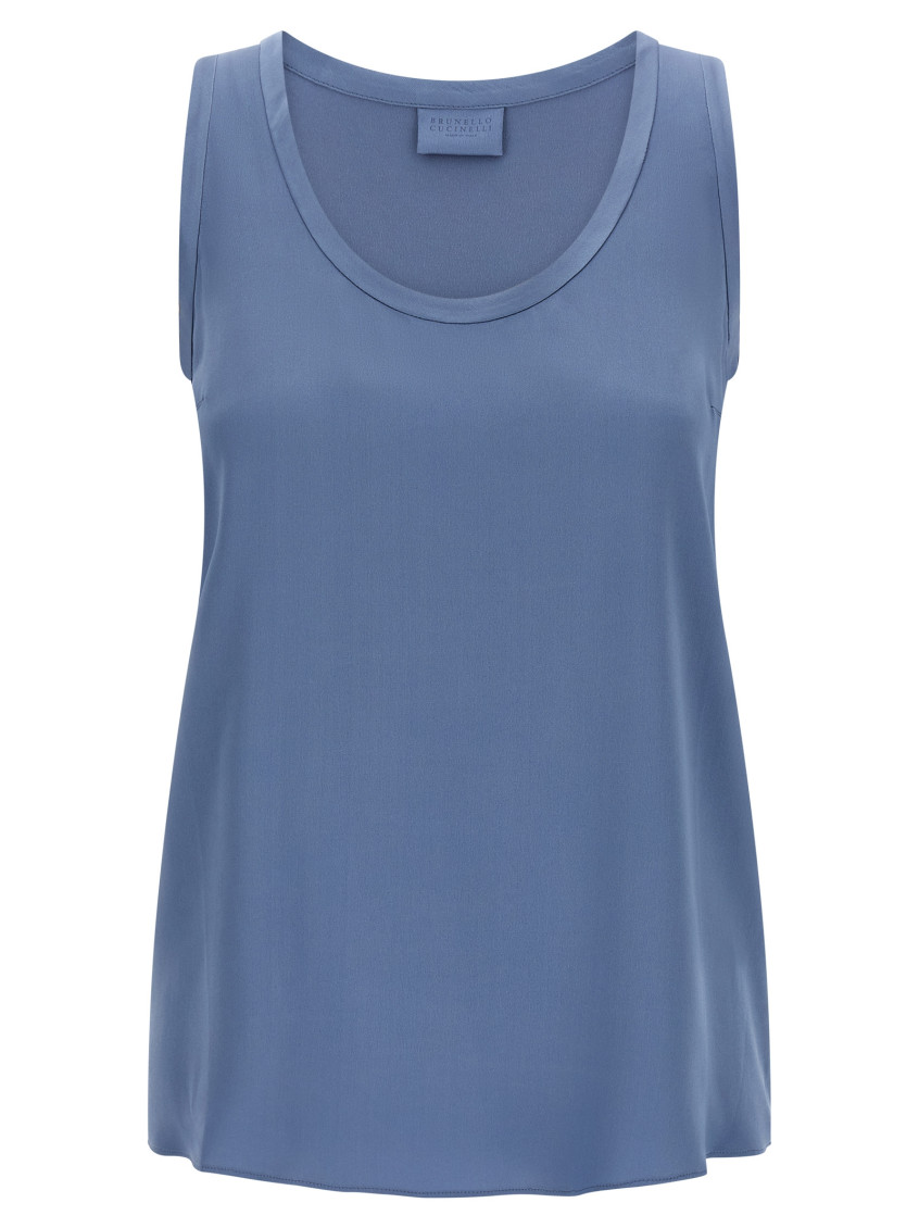 Brunello Cucinelli Lightweight Sleeveless Round Neck Satin Top In Blue