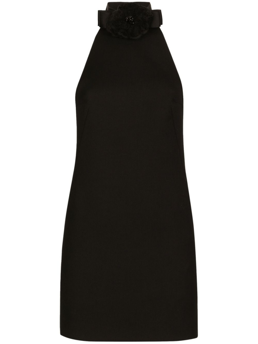 Dolce & Gabbana Black Mini Dress With Floral Detail In Wool Woman In Black