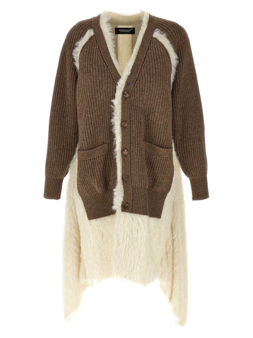 Undercover Asymmetrical Faux Fur And Braided Wool Cardigan In Brown