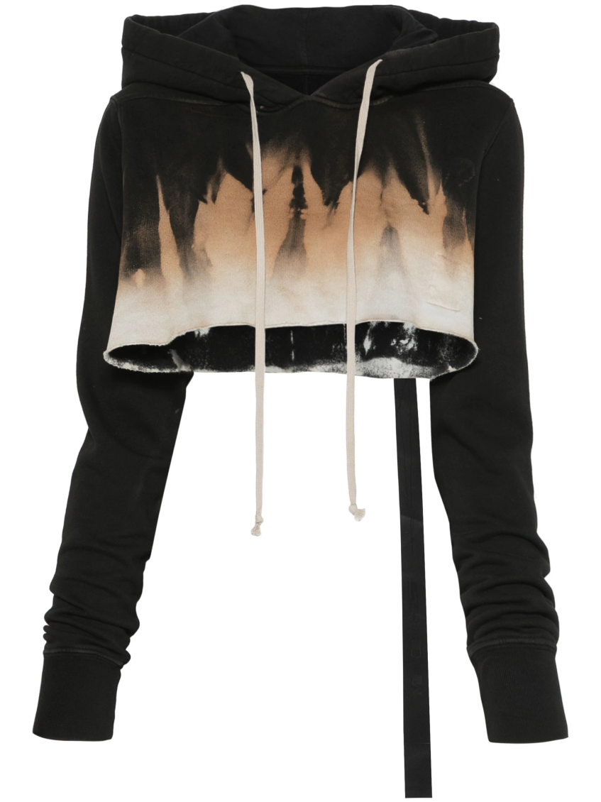 Shop Rick Owens Black Cropped Abstract Print Hoodie
