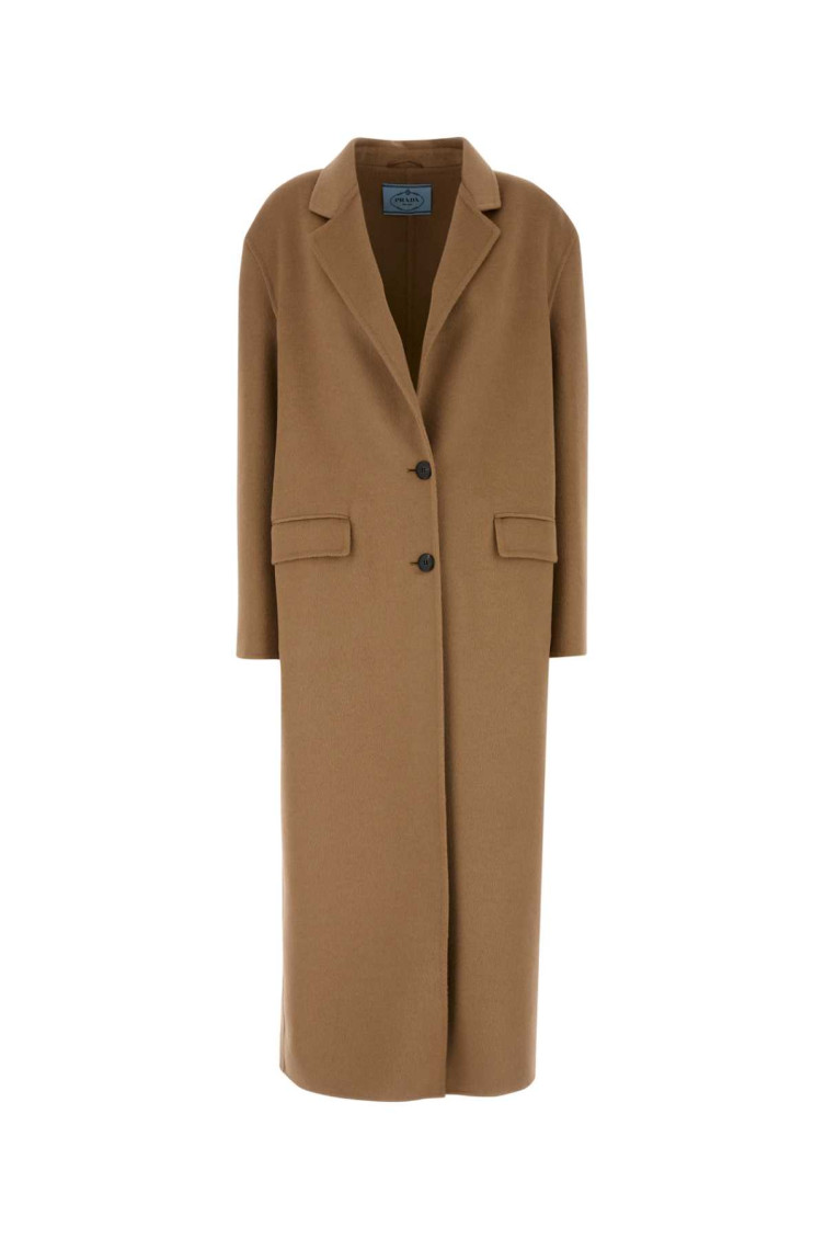 Prada Cappotto In Misto Lana Cammello Donna In Light Brown