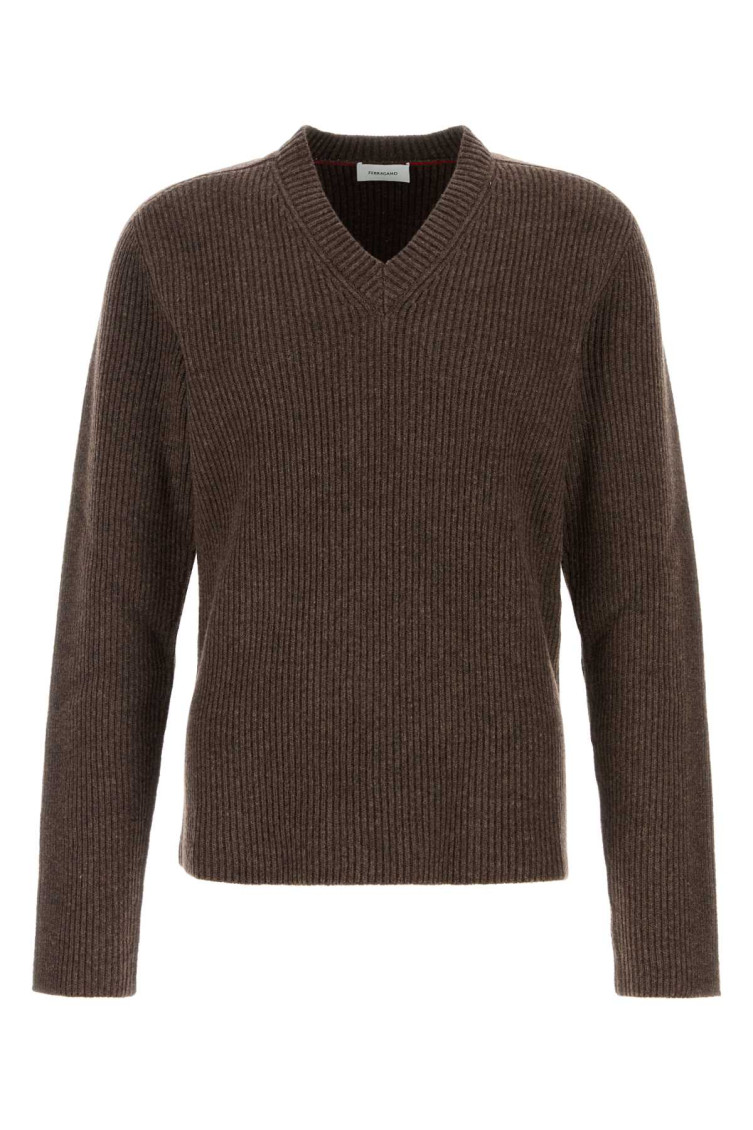 Ferragamo Earthy Ribbed V-neck Wool Sweater In Brown
