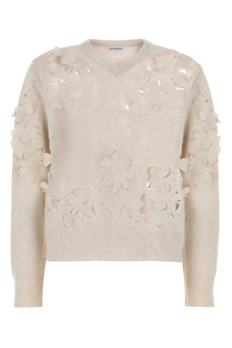 Burberry V-neck Perforated Rib Sweater In Beige
