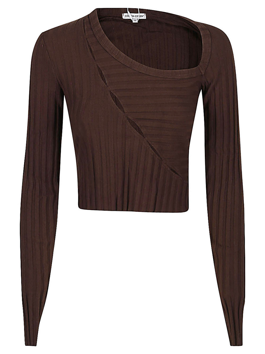 COTTON CITIZEN BROWN BROWN ASYMMETRICAL COLLAR CROP TOP