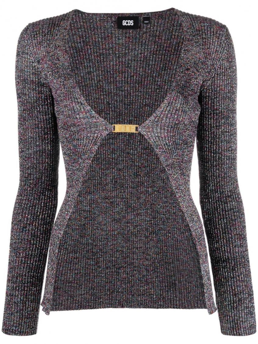 Gcds Long Multicolor Cardigan With Logo Clip In Lurex Woman In Dark Grey
