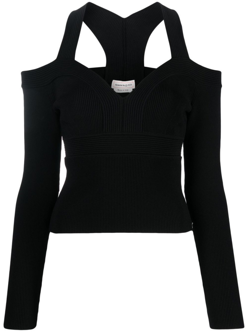 Alexander Mcqueen Black Cropped Top With Cut-out Details Black In Jersey Stretch Woman In Black