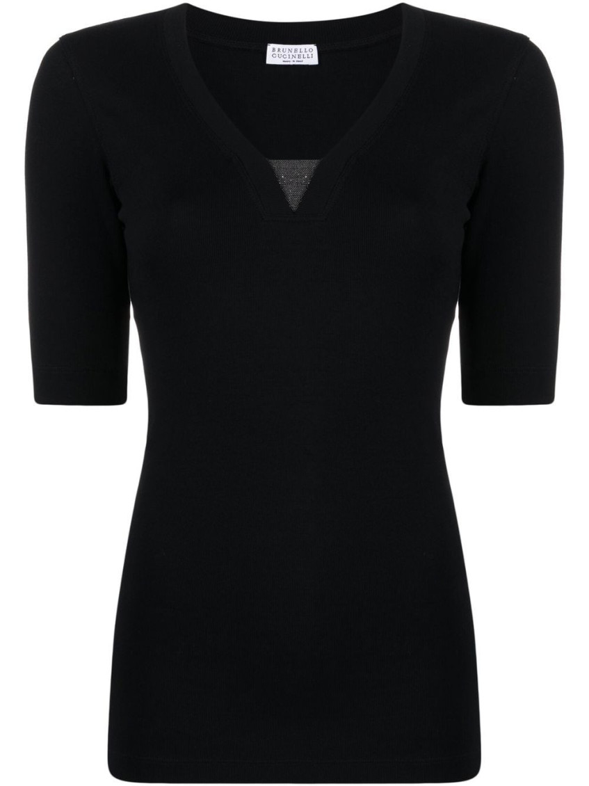 Brunello Cucinelli Women Cotton V-necked Top In Black