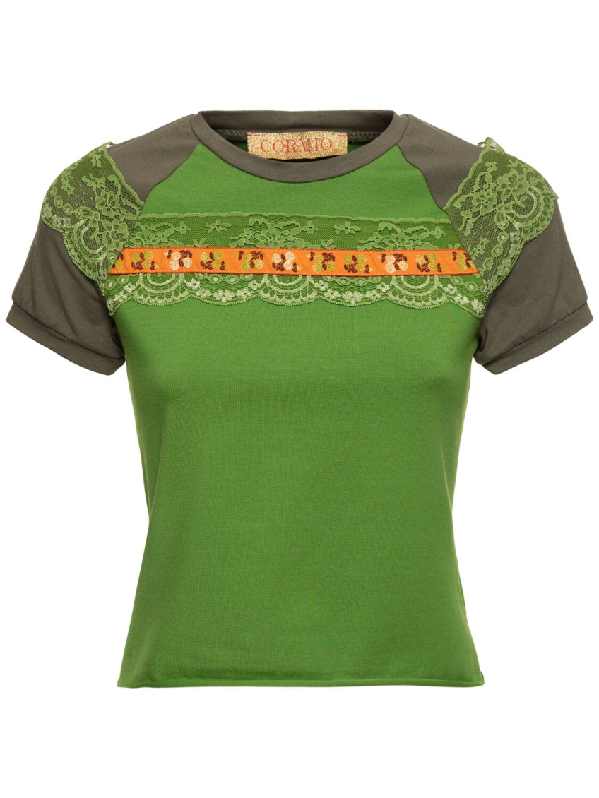 Shop Cormio Green Lace-panelling Raglan T-shirt