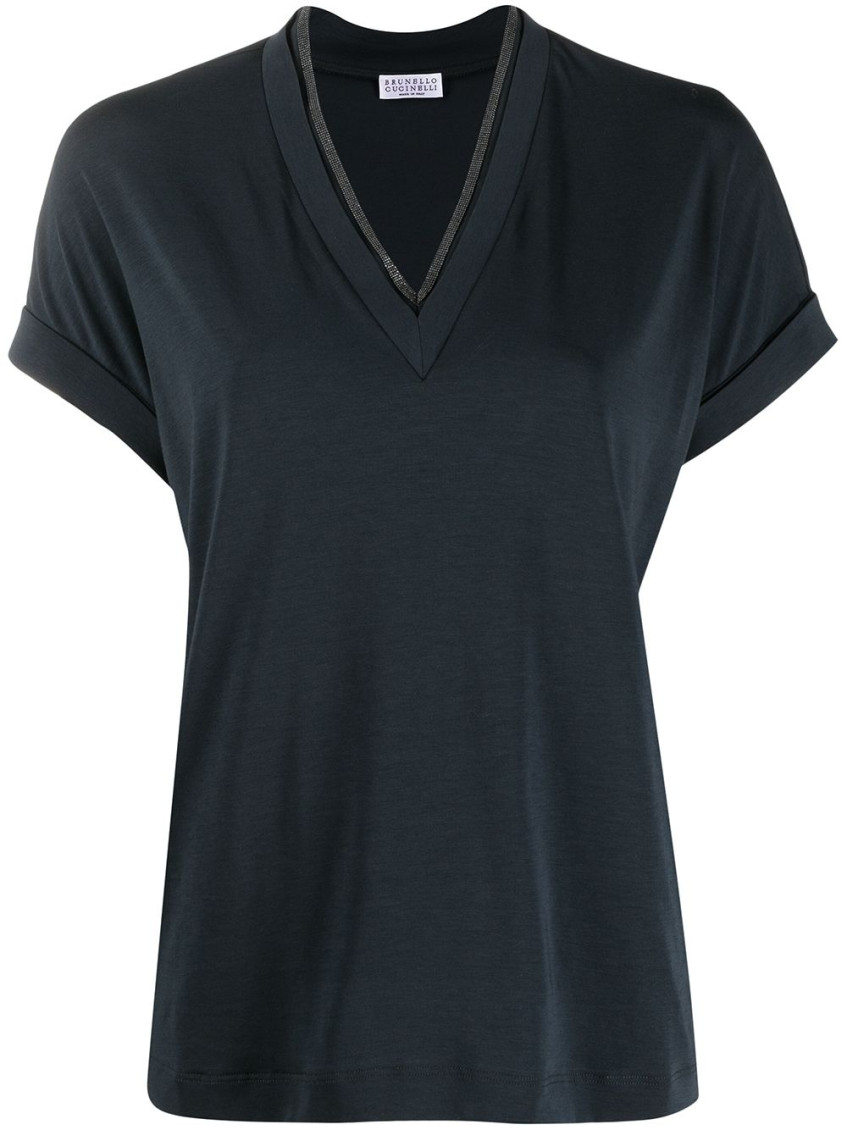 Brunello Cucinelli Short Sleeve V-neck T-shirt With Monili On The Pocket In Blue