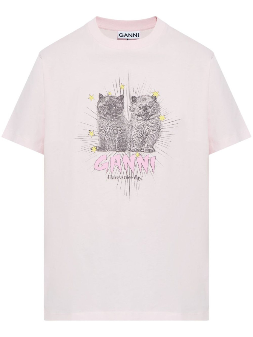 Shop Ganni Light Pink Front Embroidered Logo T-shirt