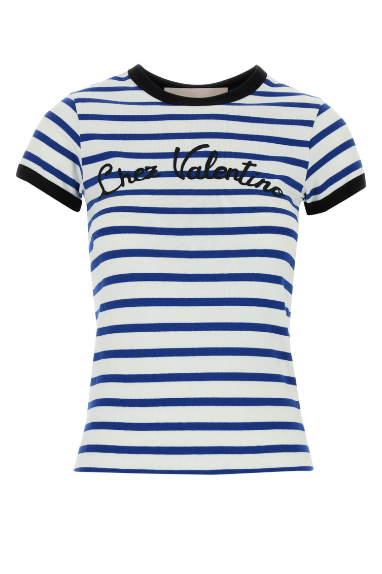 Valentino Womens Striped Embroidered Cotton-jersey T-shirt Avorio Blu In White