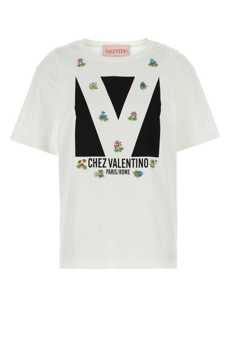 Valentino Womens Brand-print Rhinestone-embellishment Cotton-jersey T-shirt Avorio Nero In Off White