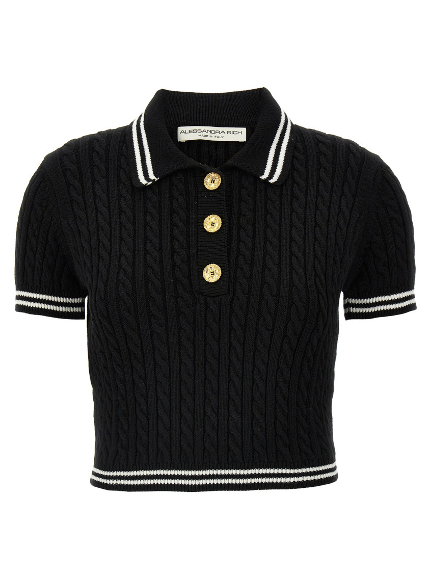 Alessandra Rich Braided Cotton Polo Shirt With Contrast Details In Blackwhite