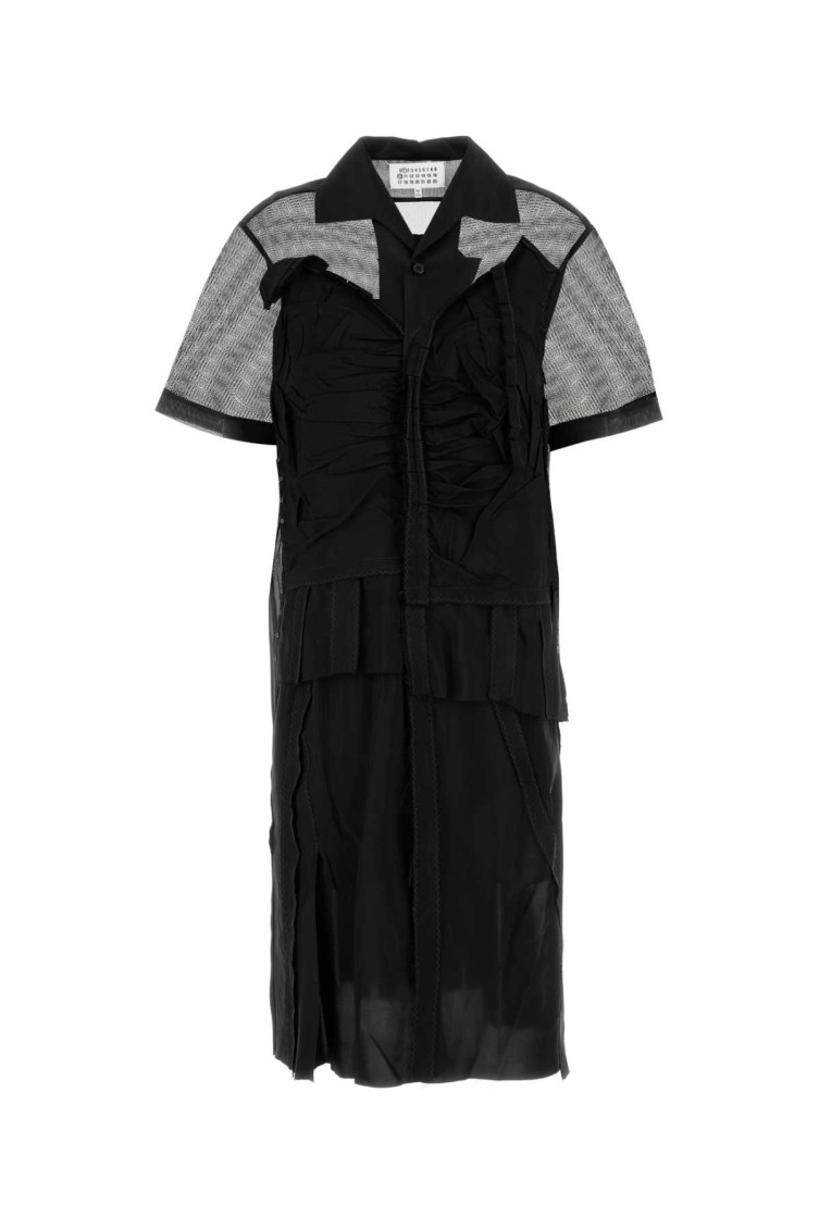 Maison Margiela Womens Mesh-panels Short-sleeves Woven Midi Dress Black And Black In Black