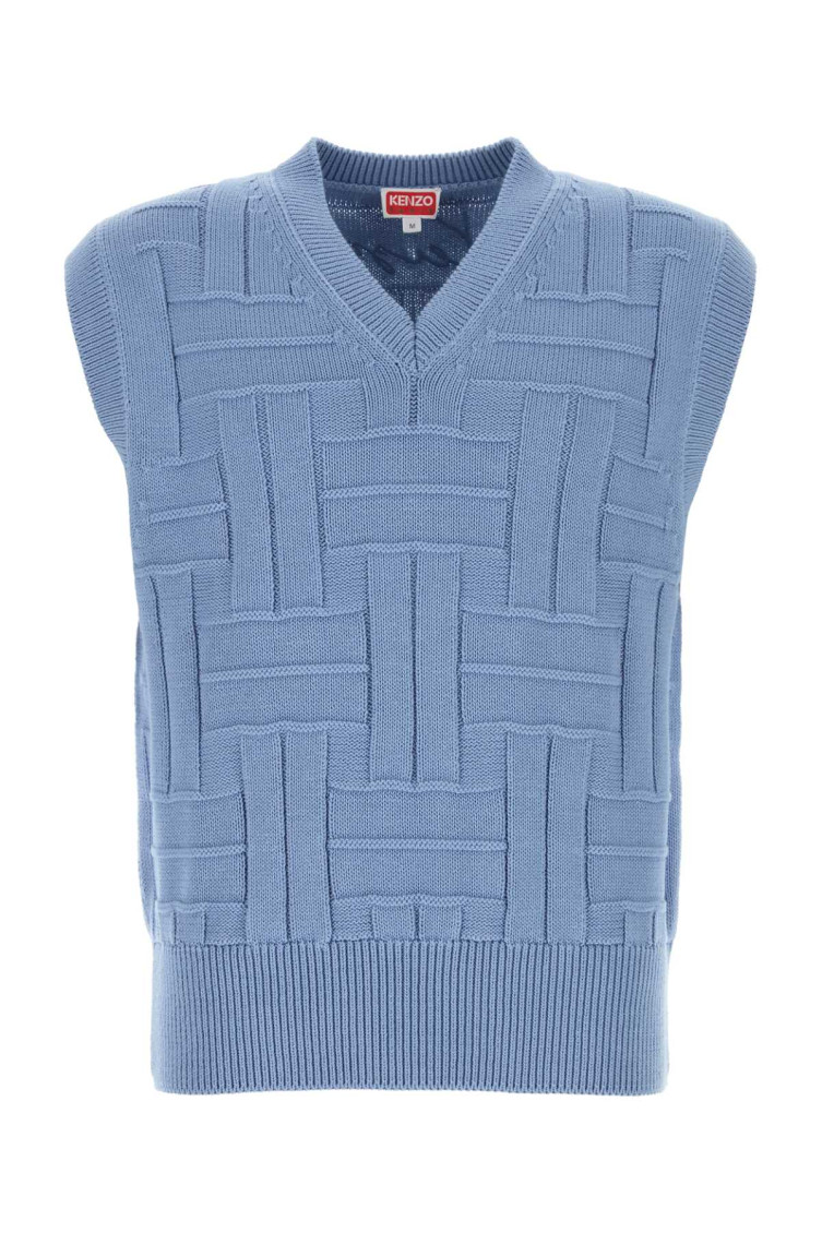 Kenzo Cotton Vest With Ribbed Hem And Textured Pattern In Blue
