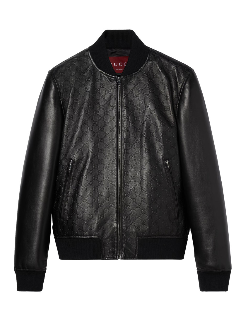 Gucci Men Gg Leather Bomber Jacket
