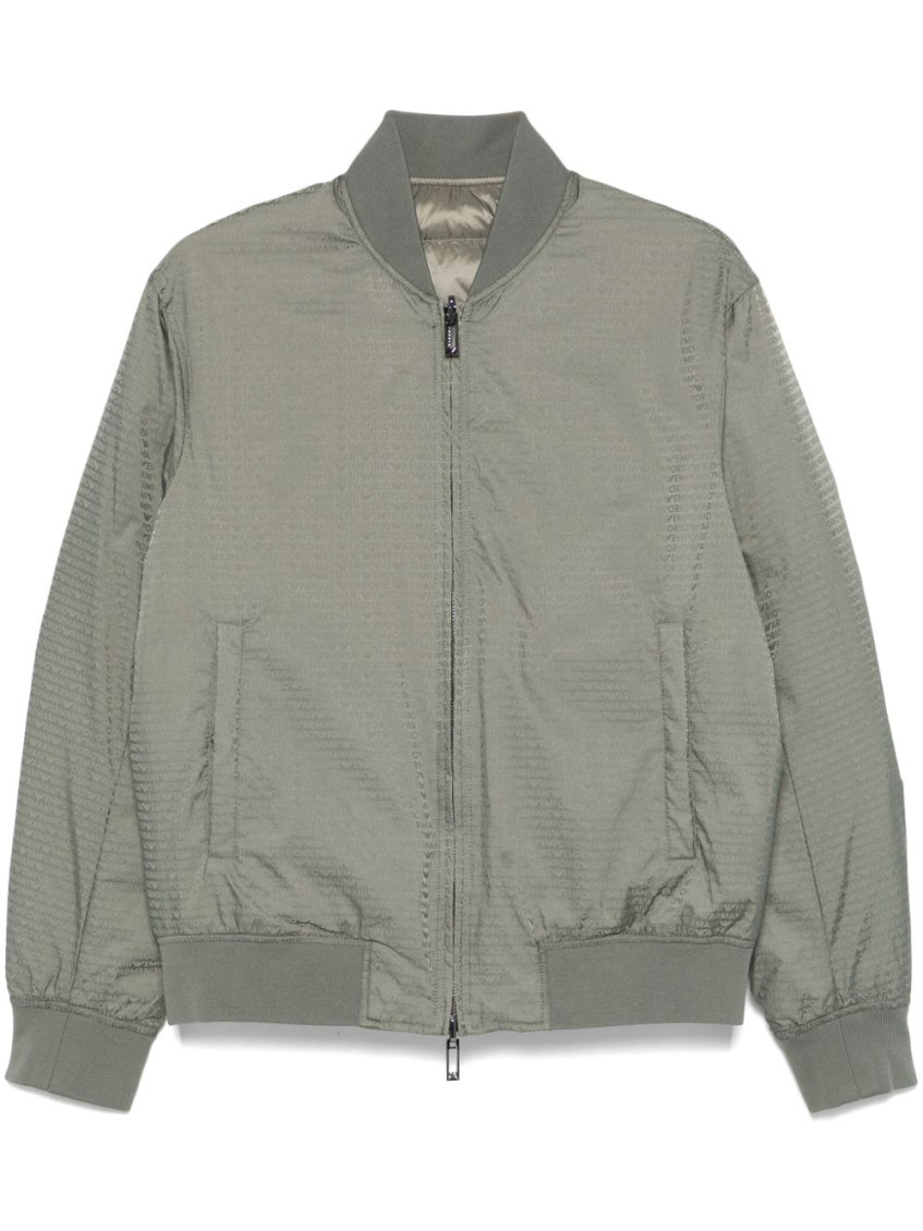 Emporio Armani Reversible Down Jacket With A Bomber Jacket Collar In Jacquard Nylon With All-over Lettering