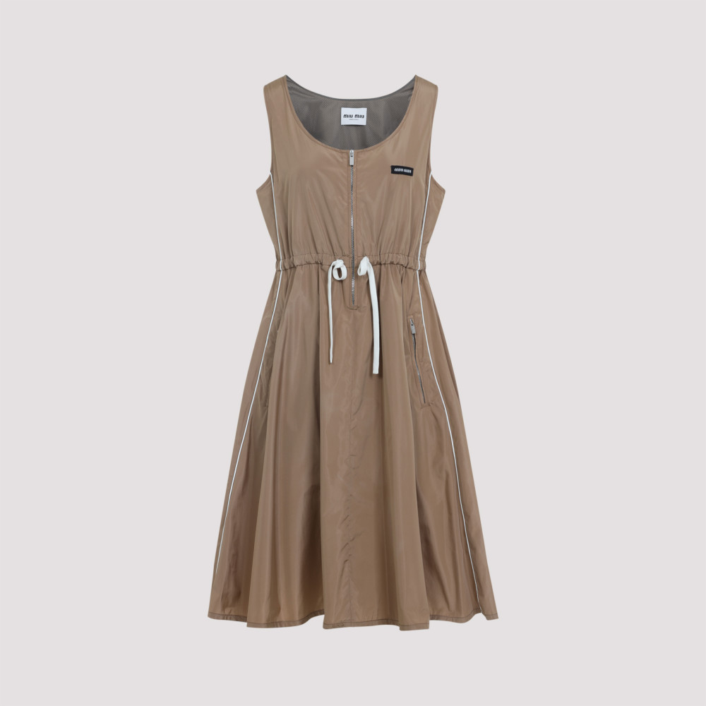 Shop Miu Miu Brown Logo Sleeveless Mini Dress