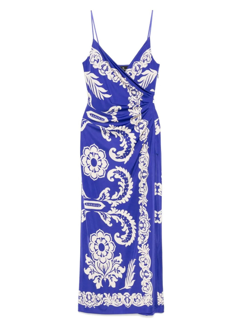 Etro Blue Long Dress With Spaghetti Straps And All-over Print In Multi