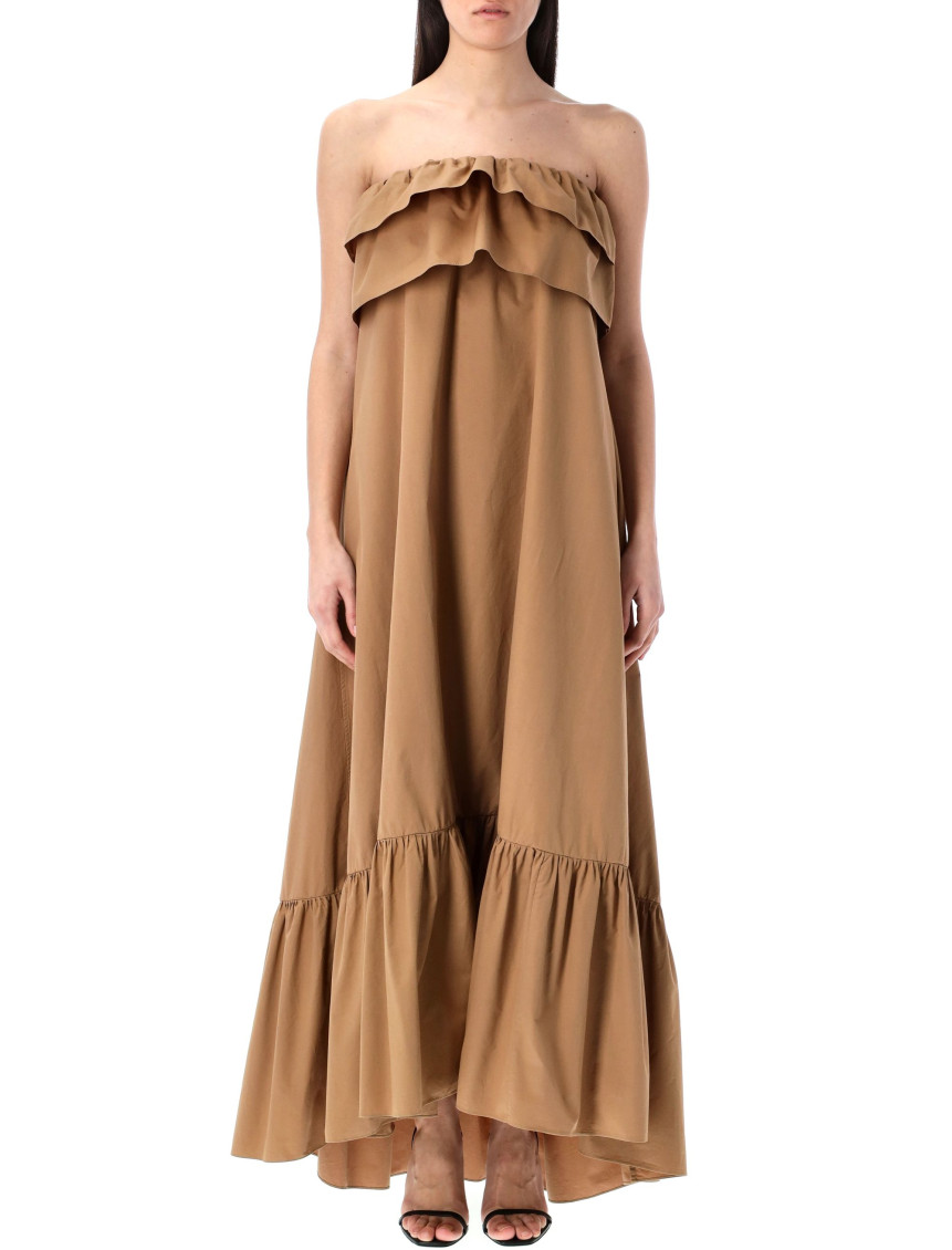 Saint Laurent Beige Long Dress With Bustier Neckline And Ruffled Skirt In Cotton Woman