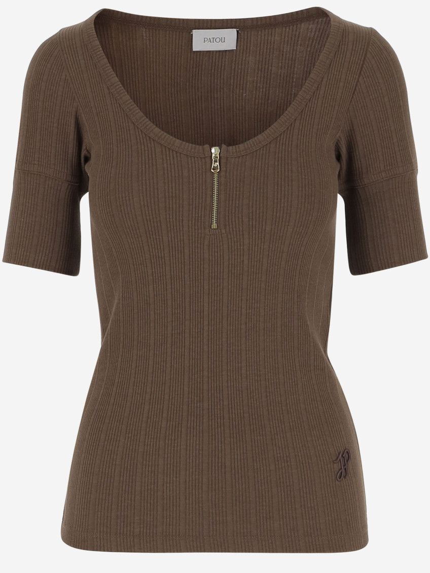 Shop Patou Brown Scoop Neck Ribbed T-shirt