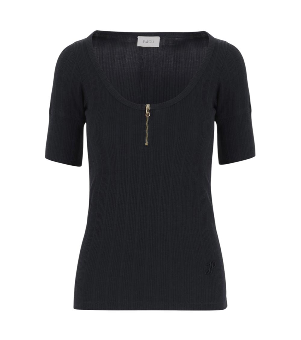 Patou Black Scoop Neck Ribbed T-shirt In Black