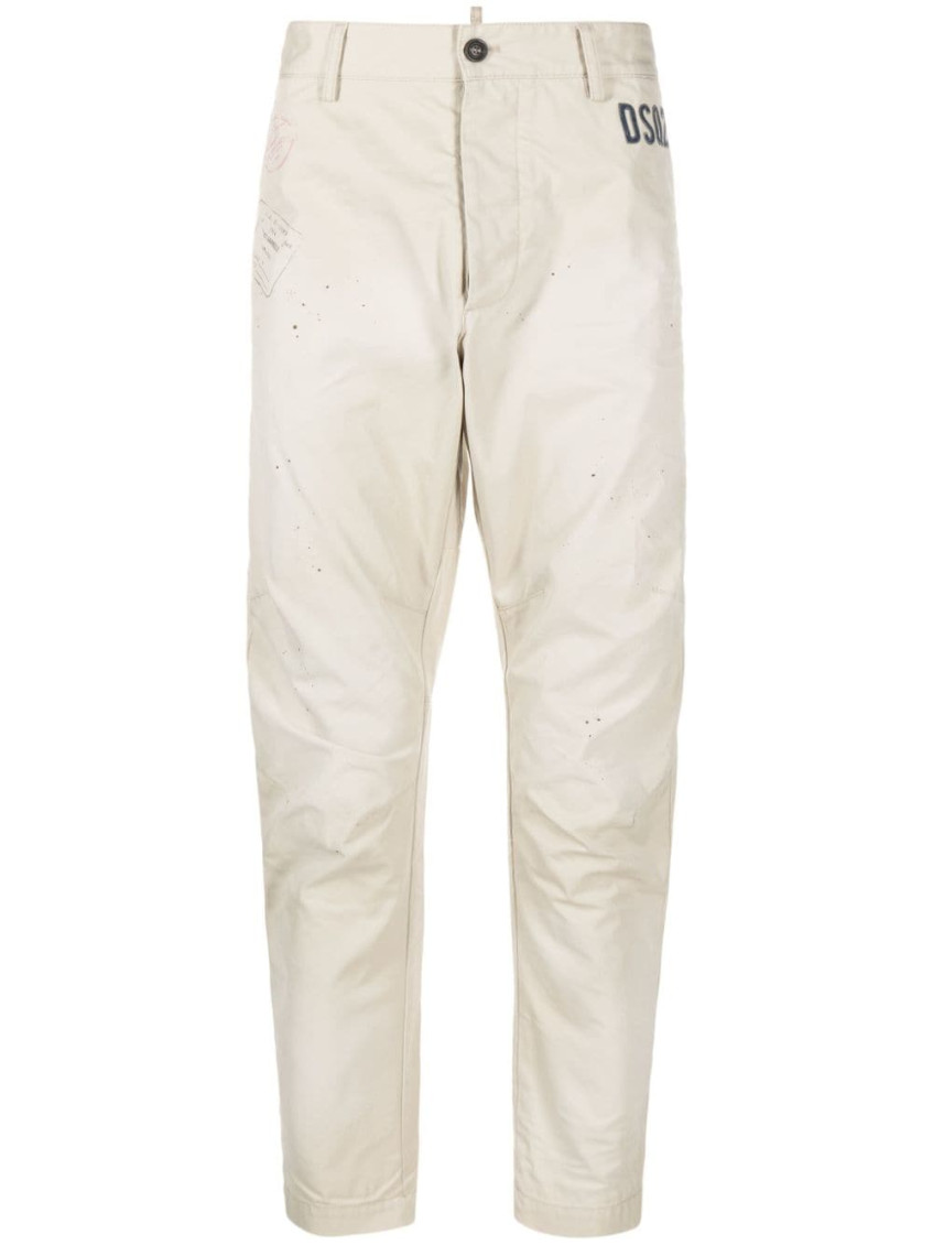 Dsquared2 Men's Cotton Twill Trousers With Embroidery In Beige