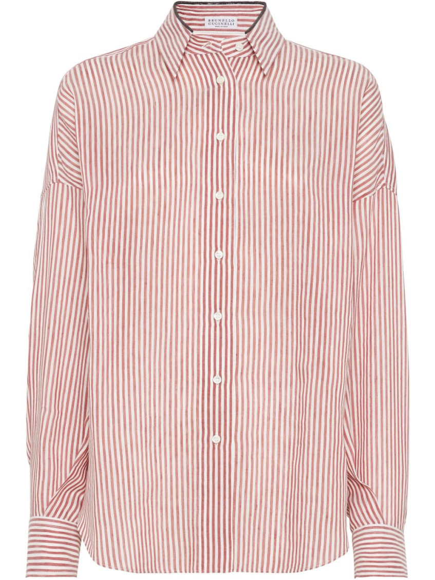 Brunello Cucinelli Bordeaux Stripe Linen-cotton Blend Shirt In Pink