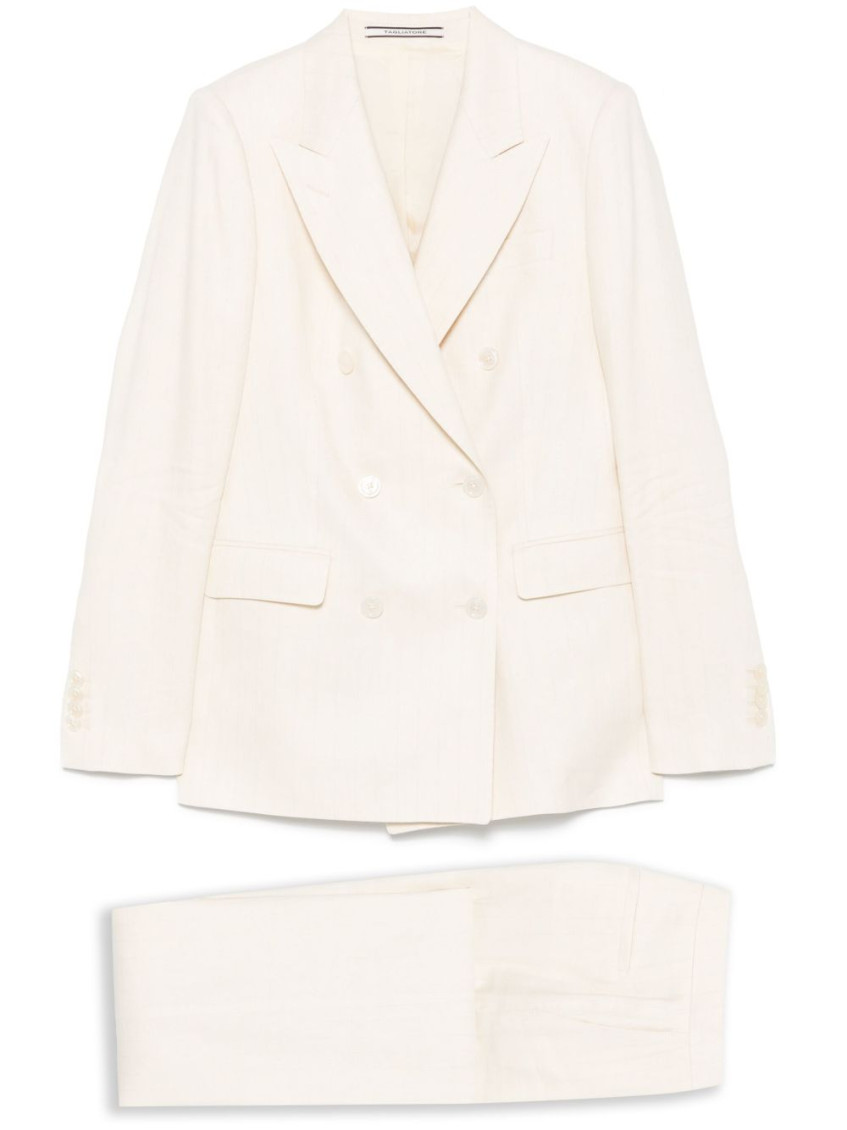 Tagliatore Double-breasted Blazer With Flared Trousers In Textured Fabric In White