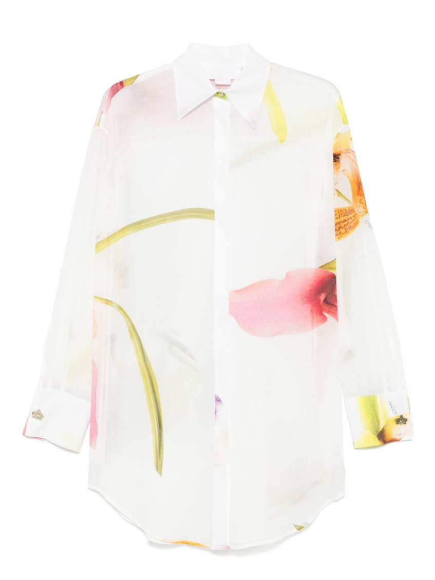 Genny Floral Print Sheer Cotton Shirt With Belted Waist
