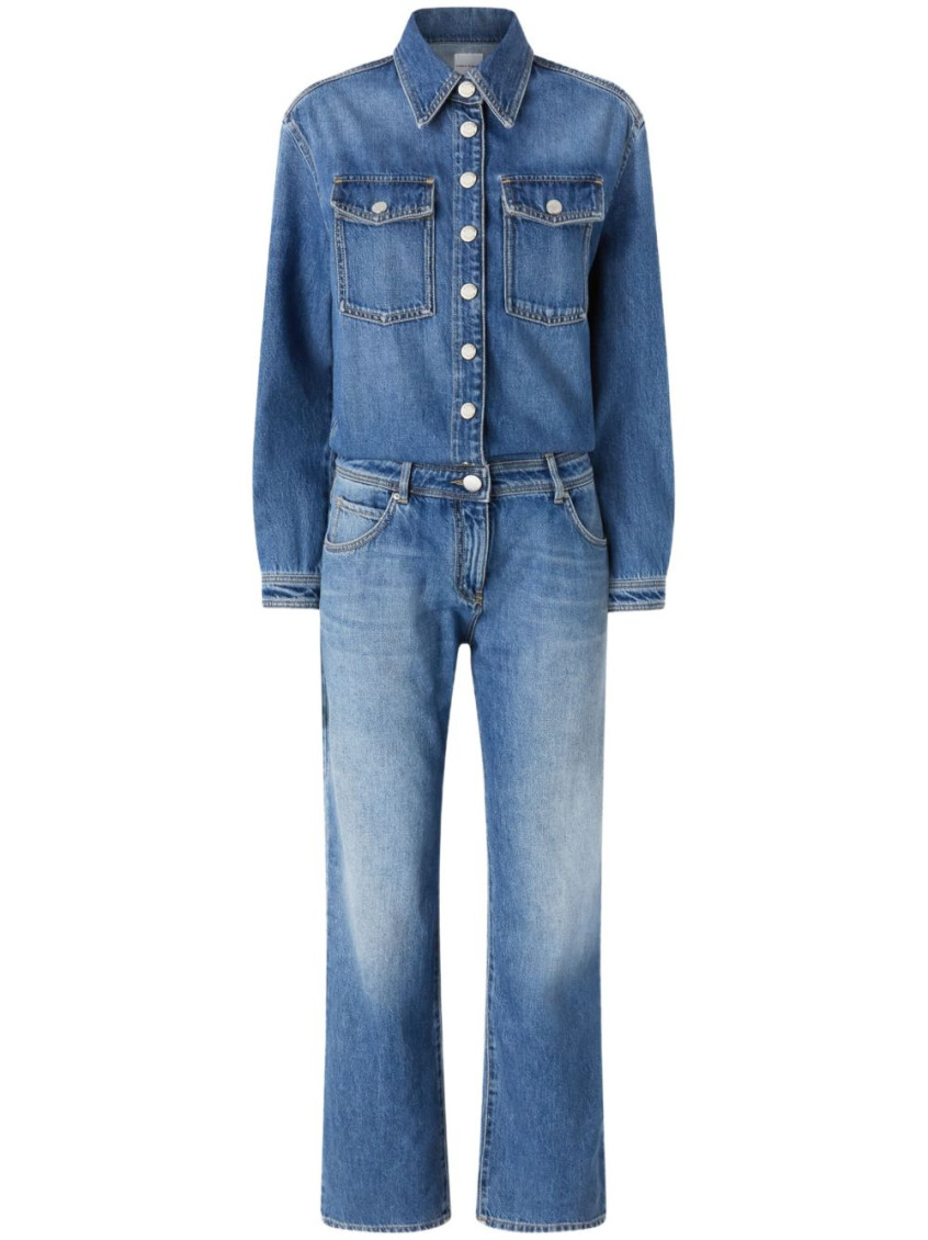 Pinko Button-down Denim Jumpsuit With Classic Pocket Design In Blue