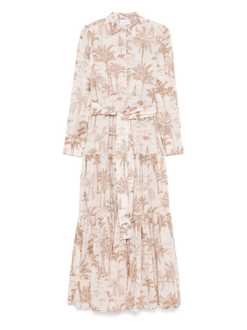 Mc2 Saint Barth Belted Waist Maxi Dress With Buttoned Cuffs And Palm Tree Print In Pink