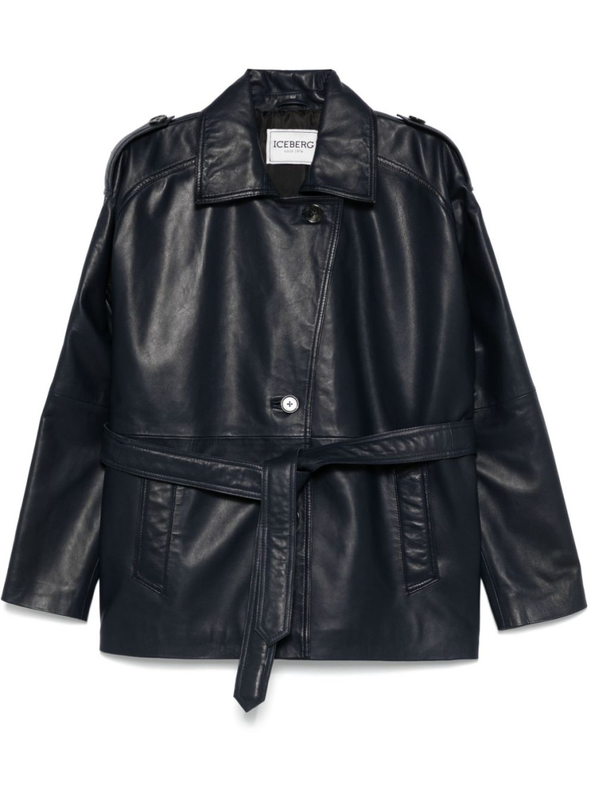 Iceberg Navy Blue Leather Jacket In Black