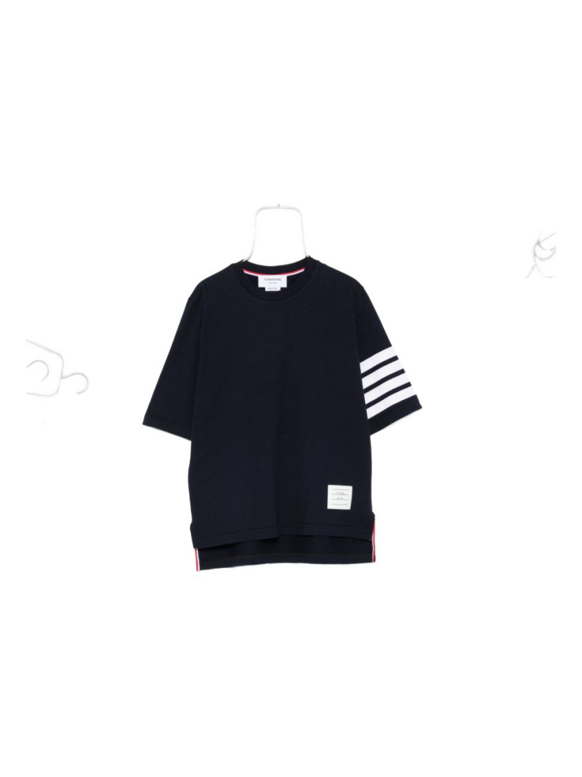 Thom Browne Striped Sleeve Crew Neck Cotton T-shirt In Blue