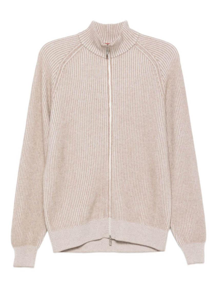 Brunello Cucinelli Cashmere High Neck Zip-up Cardigan With Ribbed Knit In Neutral