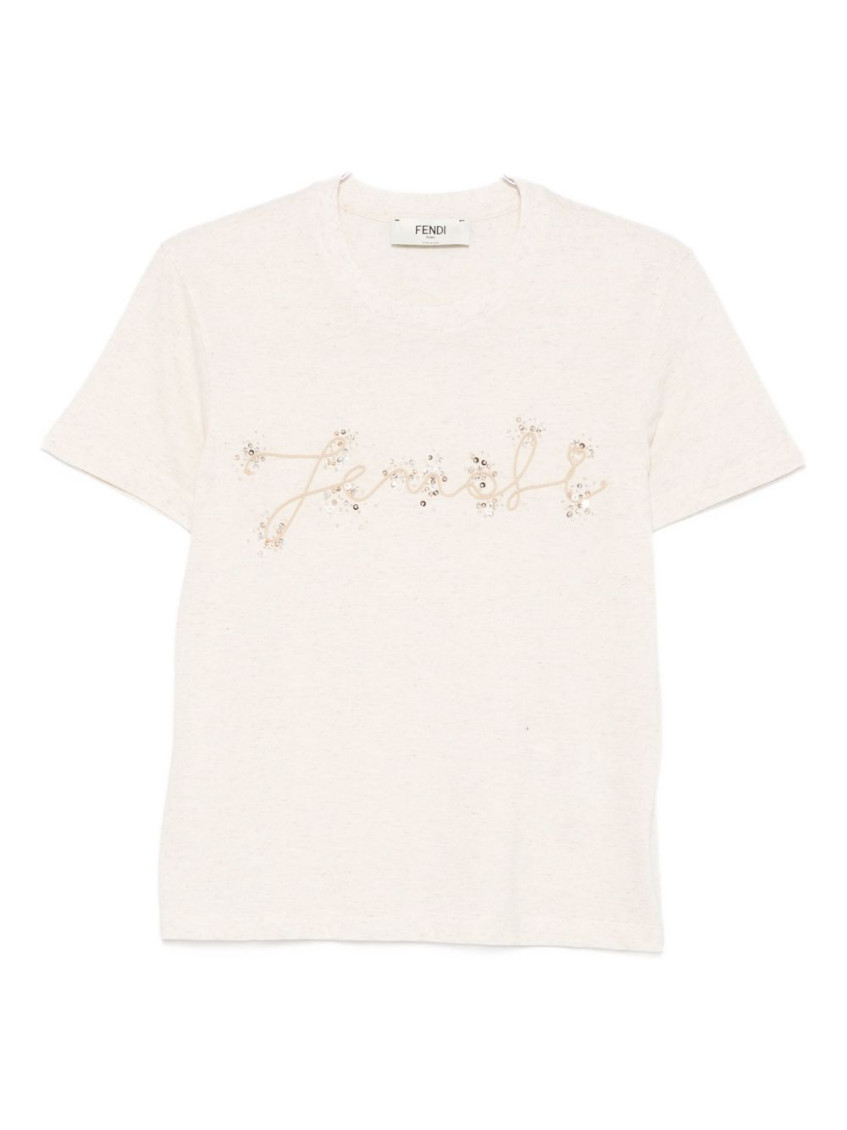 Fendi Beige Cotton And Linen T-shirt With Logo In Neutral