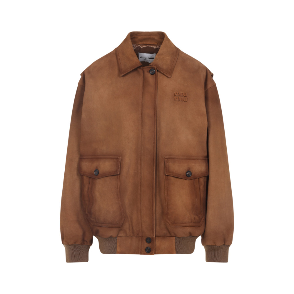 Miu Miu Lamb Leather Jacket Dropped Shoulders In Brown