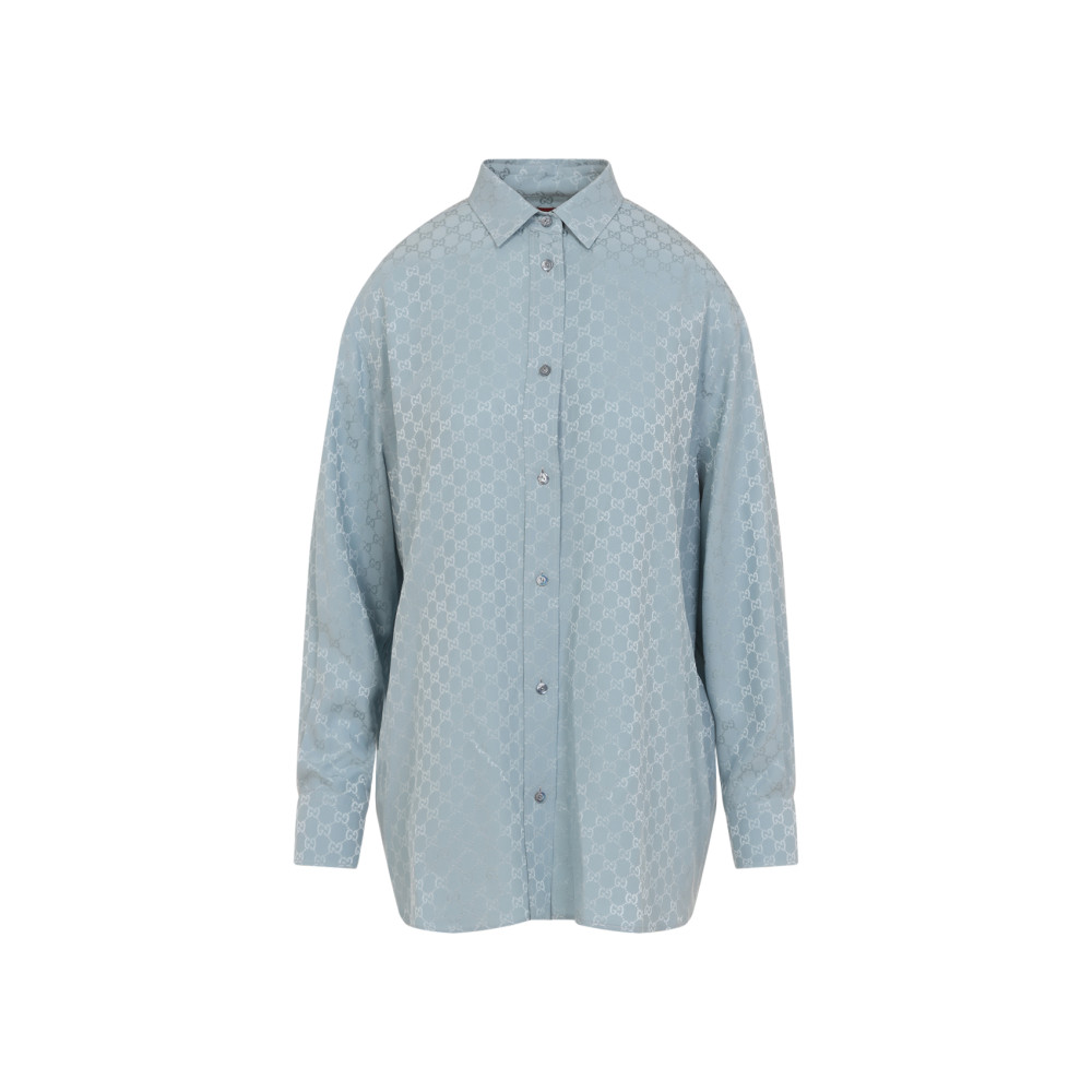 Gucci Womens Aqueous Monogram Relaxed-fit Silk Shirt In Blue
