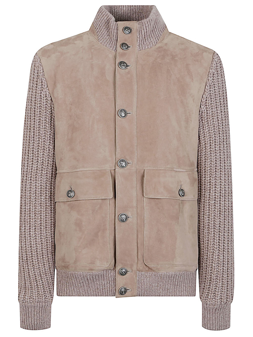 Brunello Cucinelli Bomber Jacket With Knitted Back And Textured Knit Sleeves In Neutral