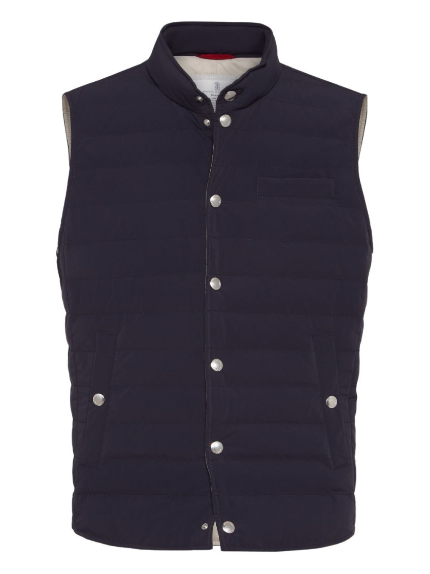 Brunello Cucinelli Quilted High Neck Sleeveless Jacket In Blue