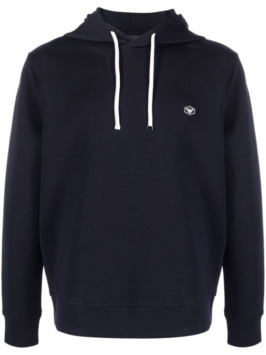 Emporio Armani Ribbed Navy Cotton Hoodie With Drawstring In Blue