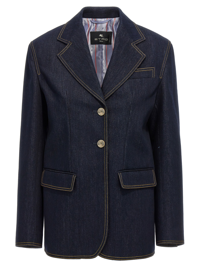 Etro Denim Blazer With Contrast Stitching And Front Pockets In Blue